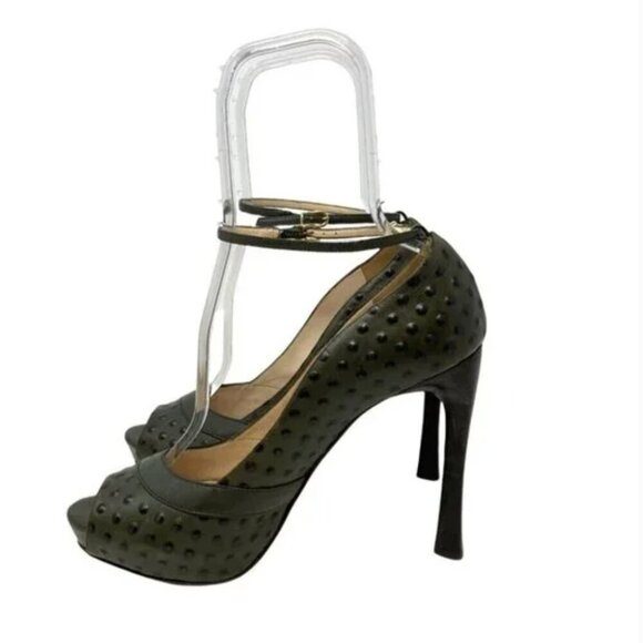 Escada Ostrich Embossed Sage Leather Peep Toe Pumps Size 11 - Picture 3 of 11